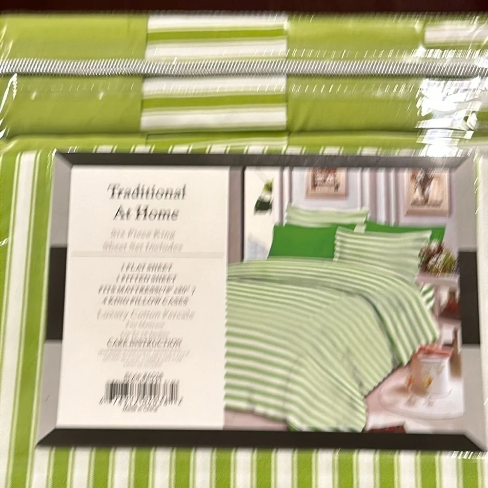 Transitional at Home 6pc King Sheet spring green with white stripes